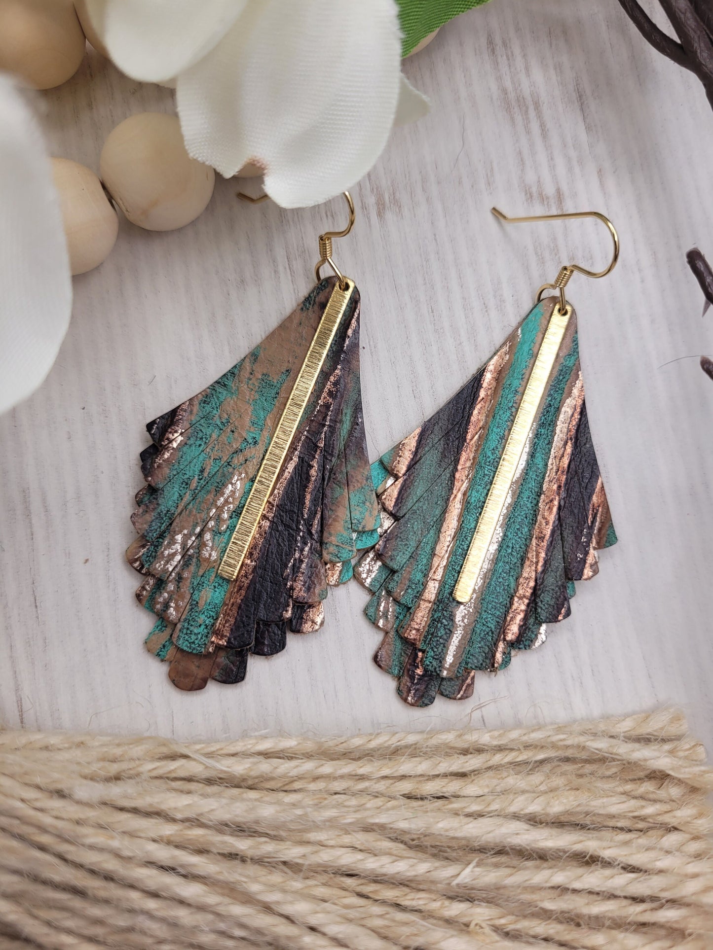 Boho Chic Leather Earrings with Brass Etched Bar - Lightweight, Handmade Turquoise Fringe