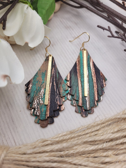 Boho Chic Leather Earrings with Brass Etched Bar - Lightweight, Handmade Turquoise Fringe