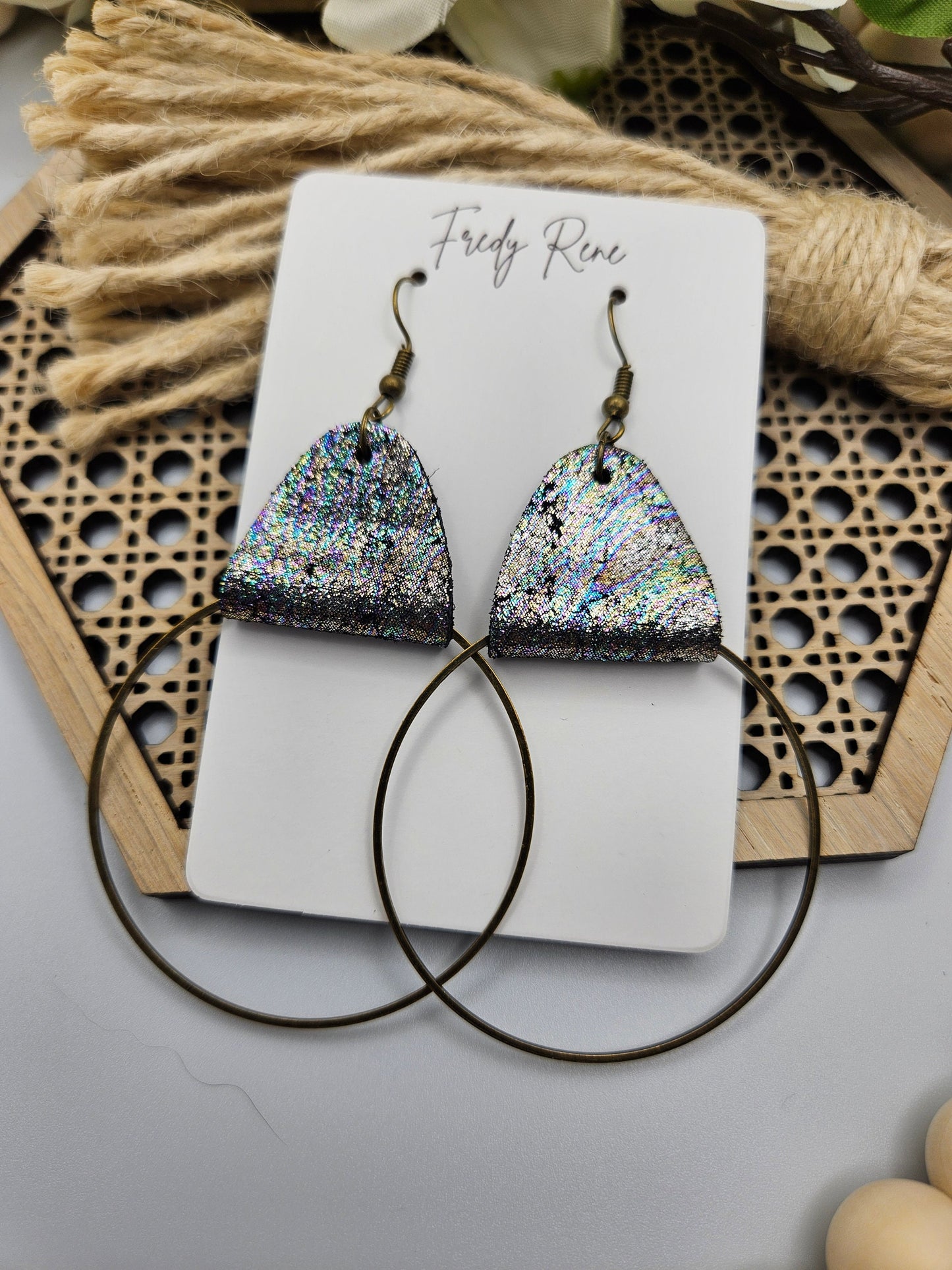 Iridescent Leather Earrings with Metal Hoops- Handmade Lightweight Trendy Jewelry- Unique Everyday Wear