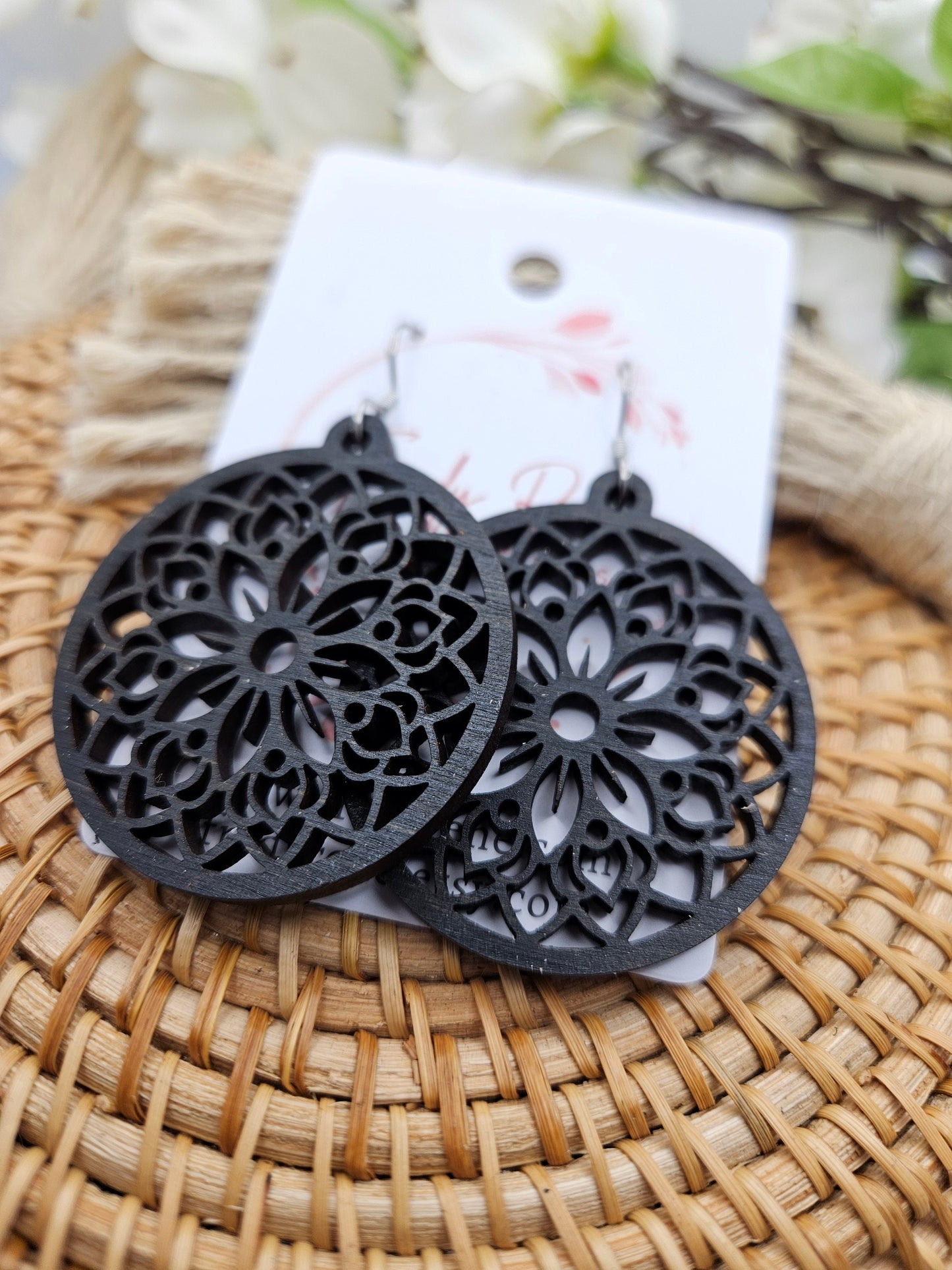 Handmade Black Wood Floral Earrings: Boho Dangle Jewelry