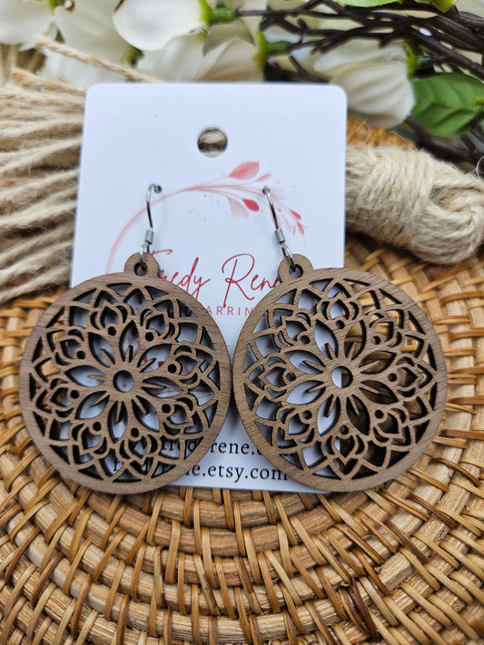 Handmade Lightweight Floral Walnut Colored Wood Earrings for Everyday Wear