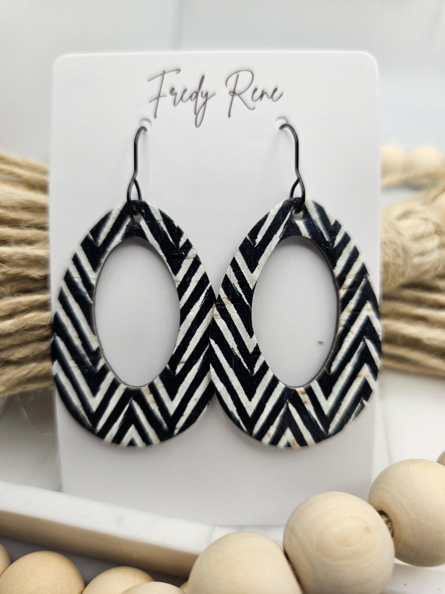Chevron Cork Earrings: Black and White Leather Backed Dangles