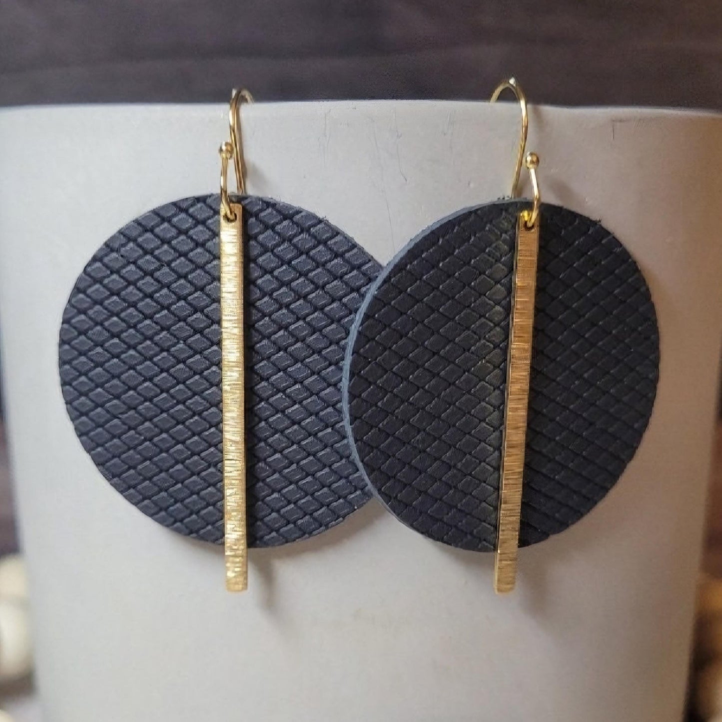 Handmade Black Patterned Genuine Leather Earrings with Gold Colored Brass Bars