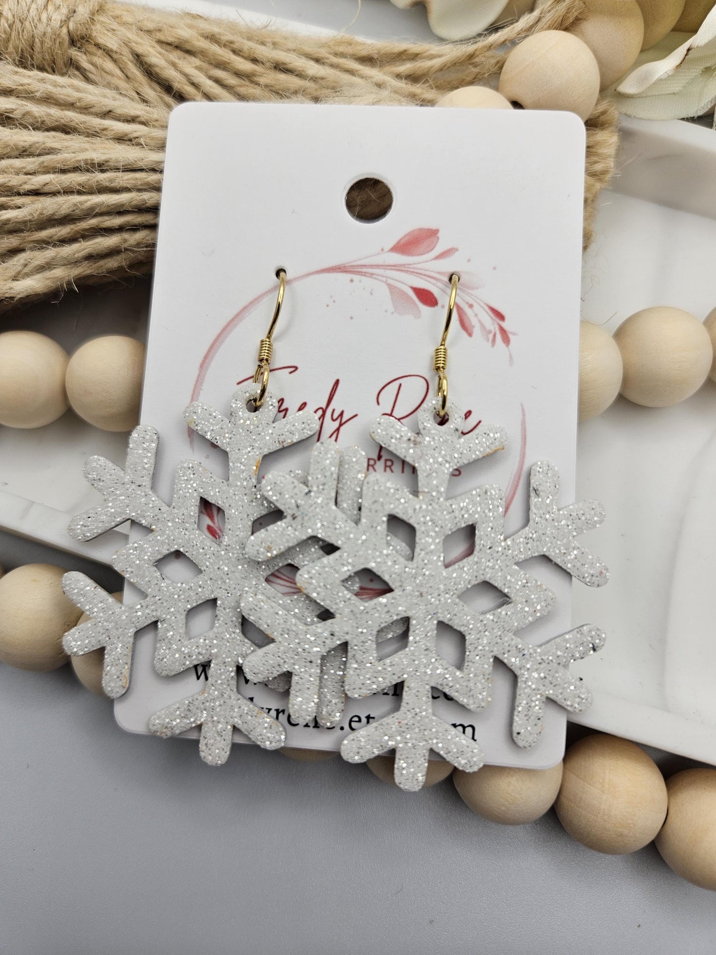 Iridescent White Glitter Snowflake Earrings with GenuineLeatherBacking- Handmade Lightweight- Trendy Winter Jewelry for Women