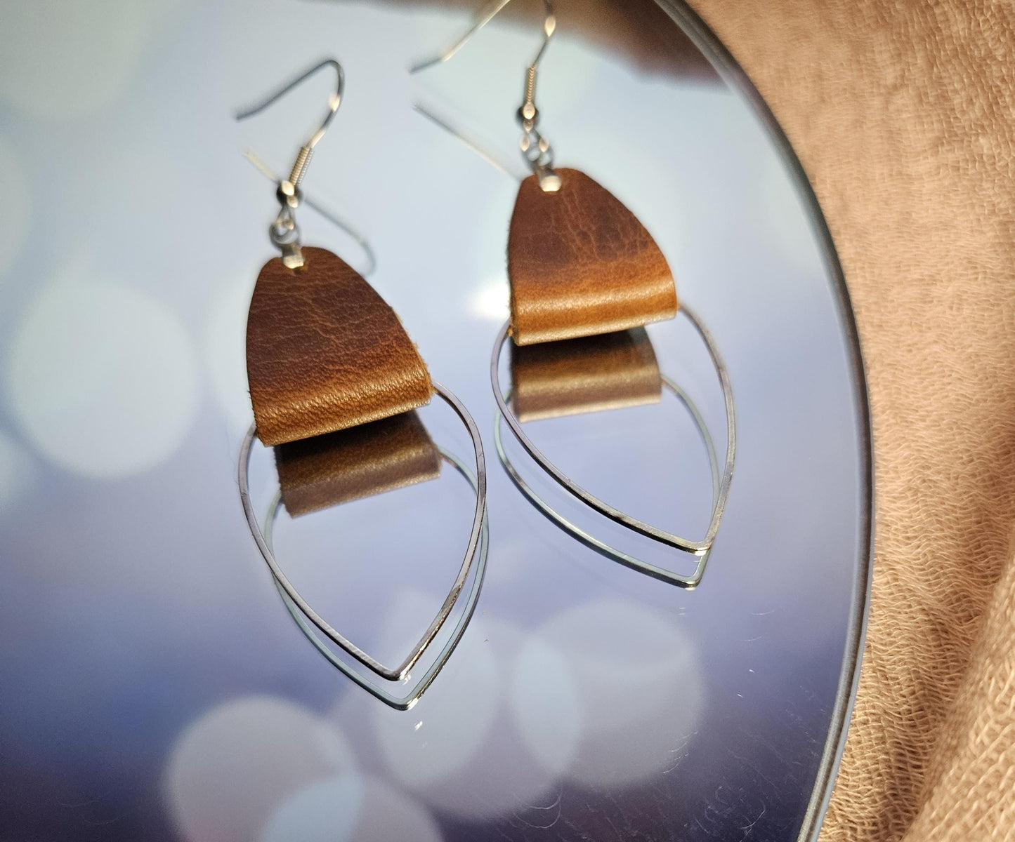 Brown Leather & Metal Teardrop Earrings