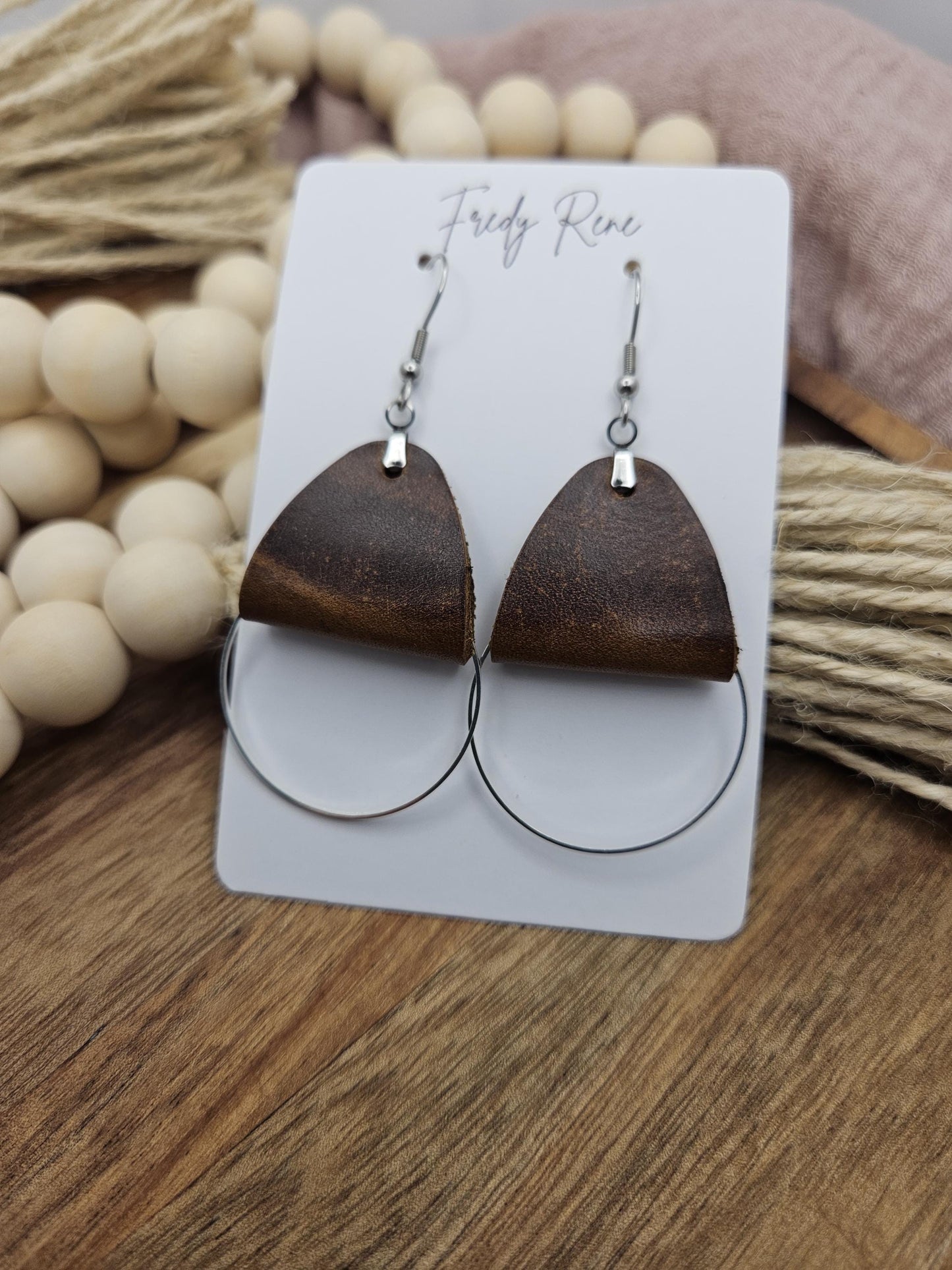 Brown Leather Dangle Earrings: Silver Circle Accent, Boho Style, Handmade
