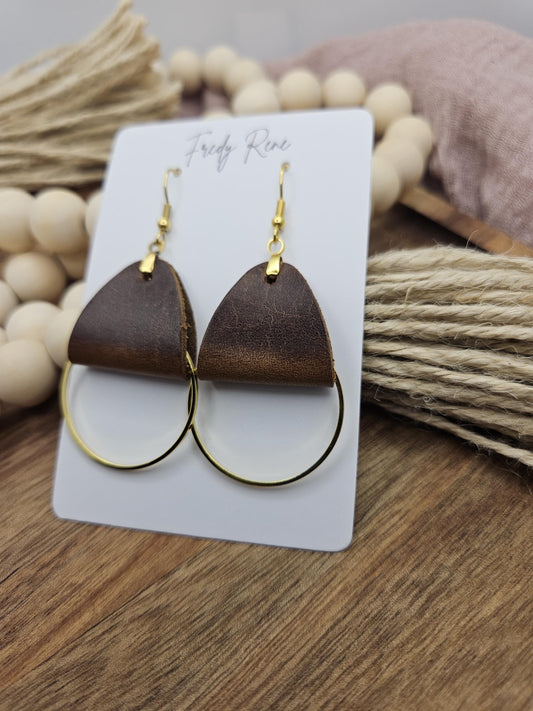 Brown Leather Dangle Earrings: Gold Circle Accent, Boho Style