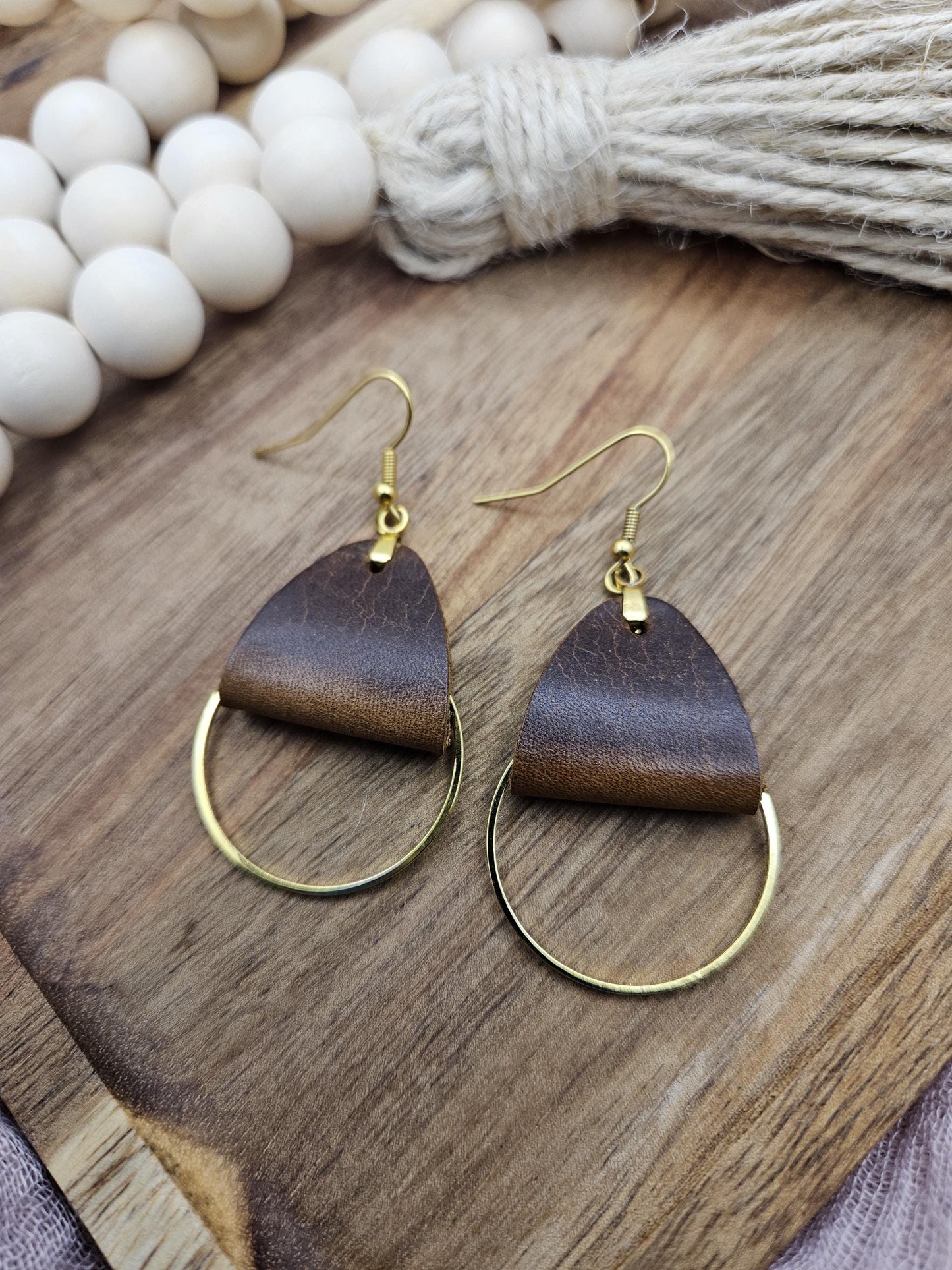 Brown Leather Dangle Earrings: Gold Circle Accent, Boho Style