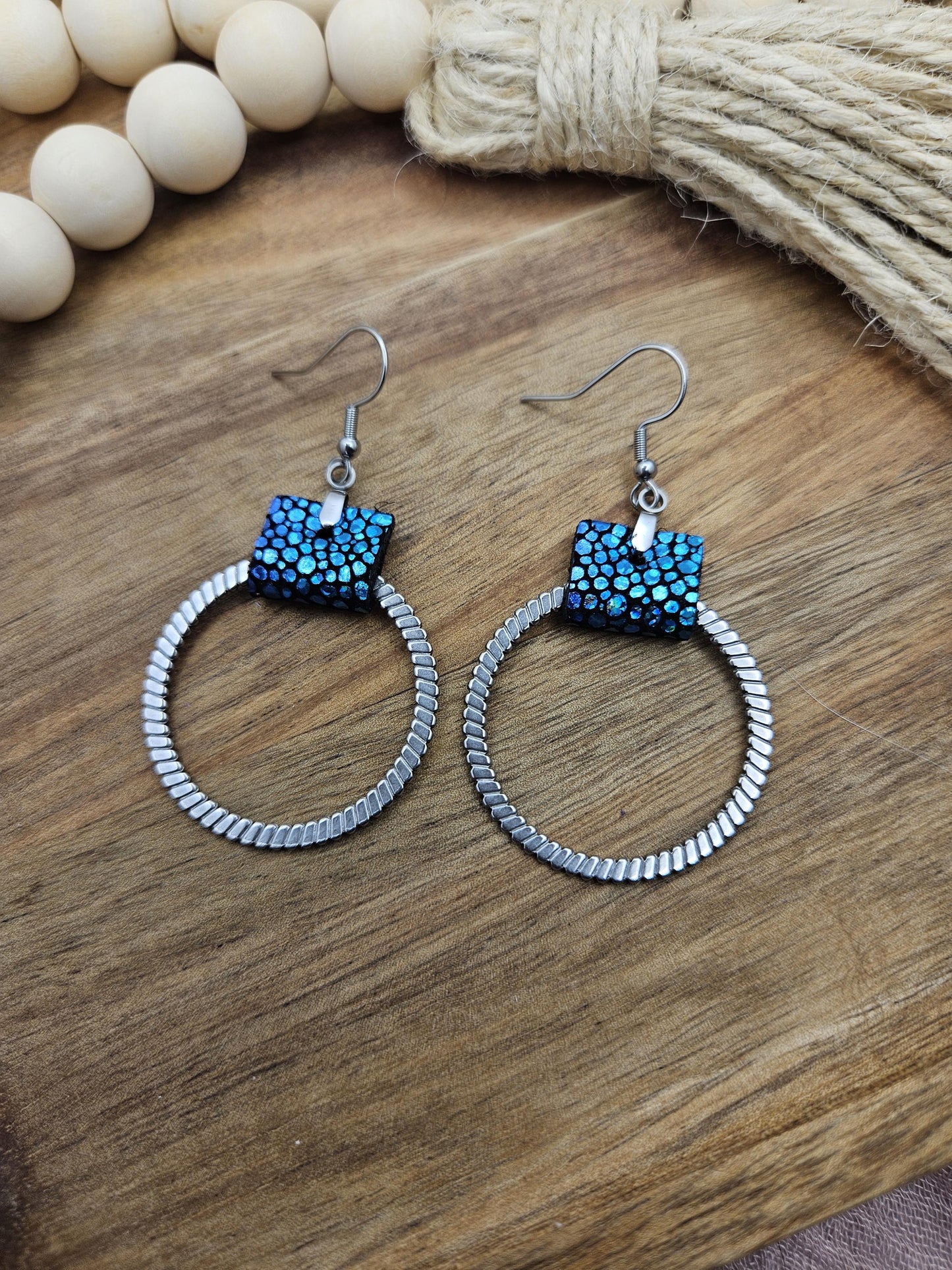 Turquoise Metallic Genuine Leather Earrings with Textured Metal Circle Detail