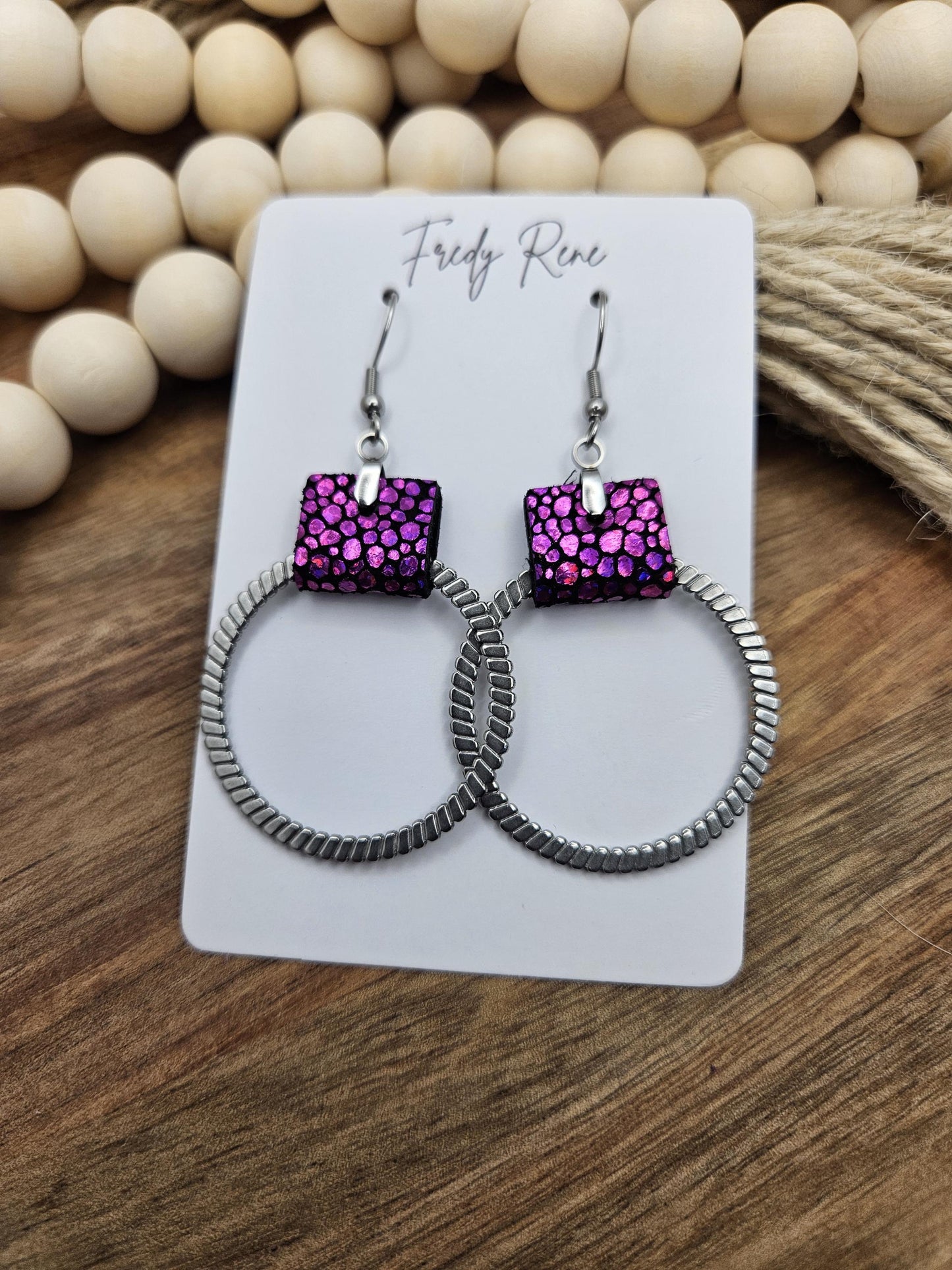 Handmade Fuchsia Pink Metallic Leather Earrings with Textured Metal Circle Detail