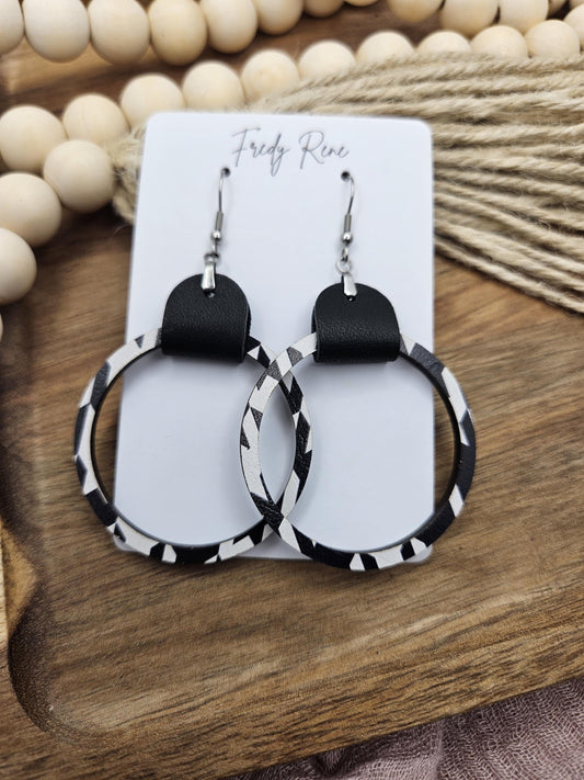 Black & White Leather and Wood Hoop Earrings
