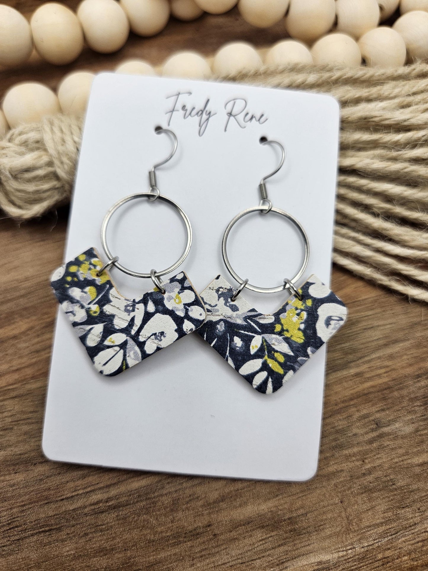 Blue & White Floral Cork Earrings with Genuine Leather Backing