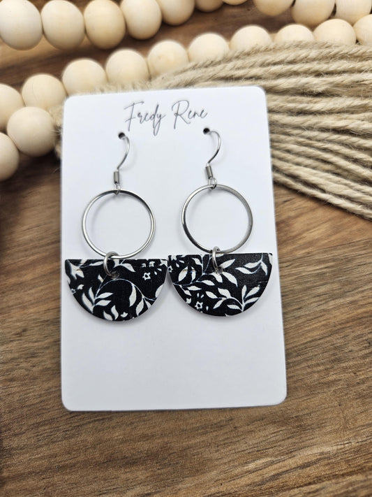 Black & White Floral Cork Earrings with Genuine Leather Backing