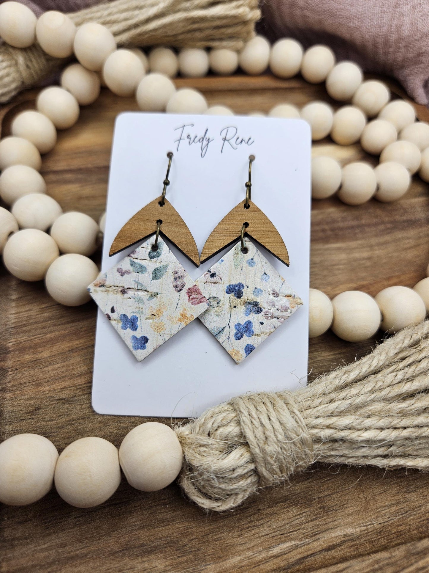 Handcrafted Floral Cork Earrings with Genuine Leather Backing and Wood Accent