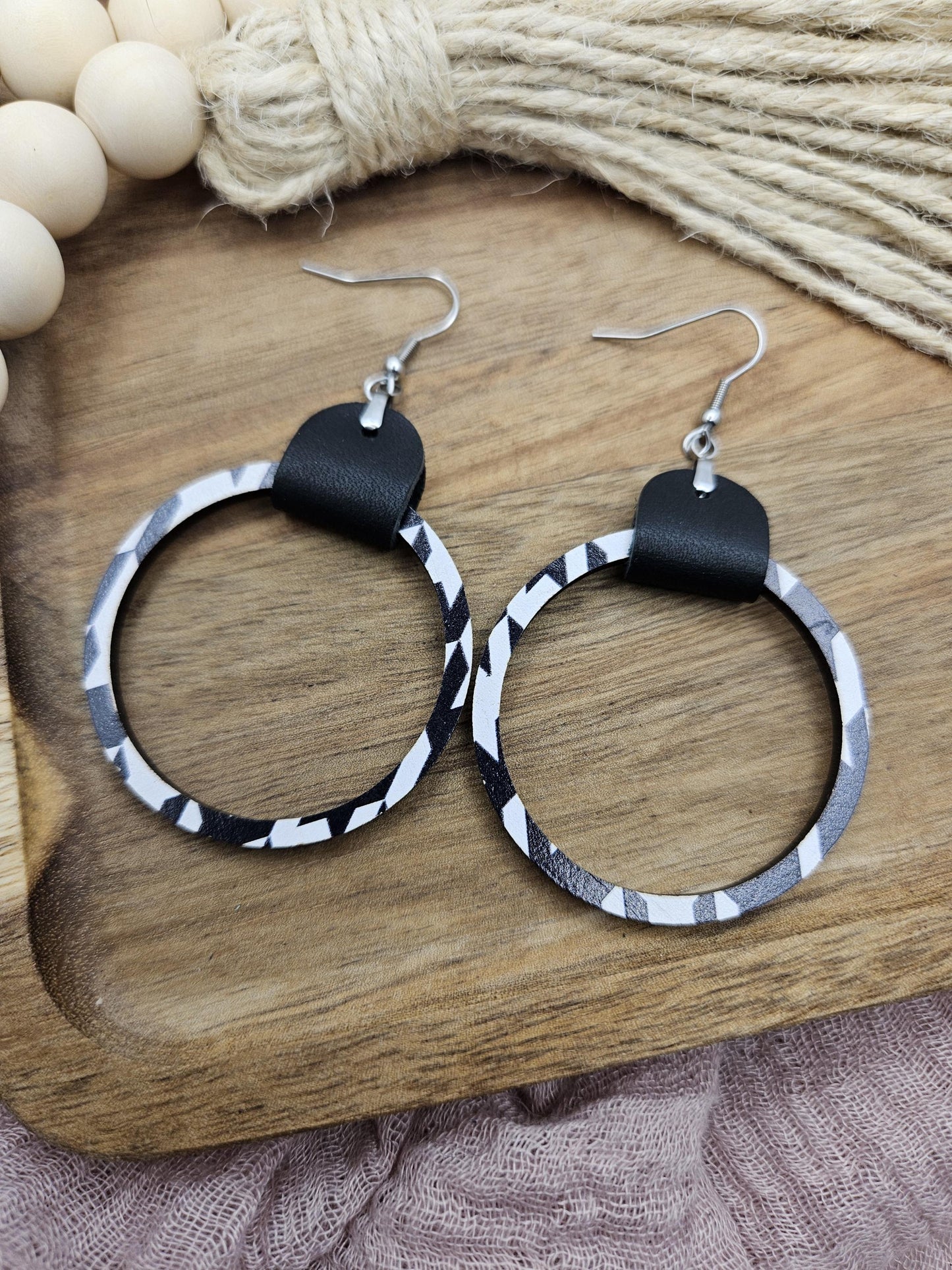 Black & White Leather and Wood Hoop Earrings