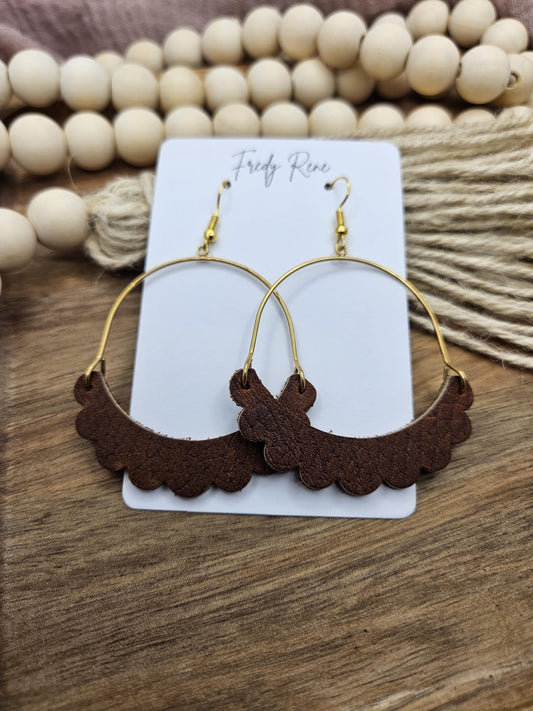 Brown Genuine Leather Earrings with Brass Arch, Trendy Boho Earrings