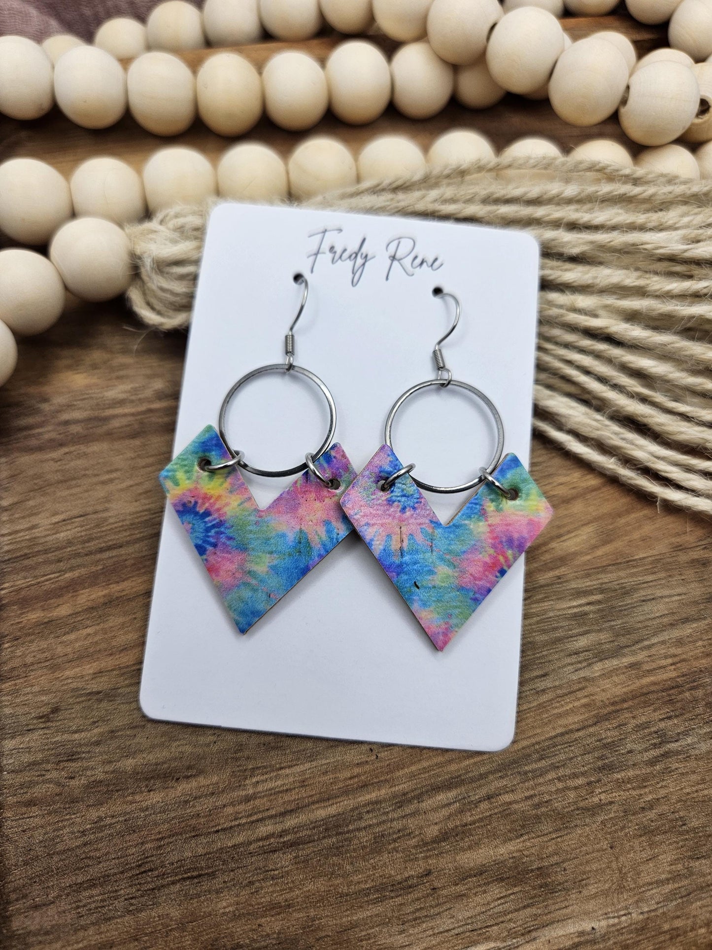 Cork Earrings, Genuine Leather Backing, Colorful Tie-Dyed