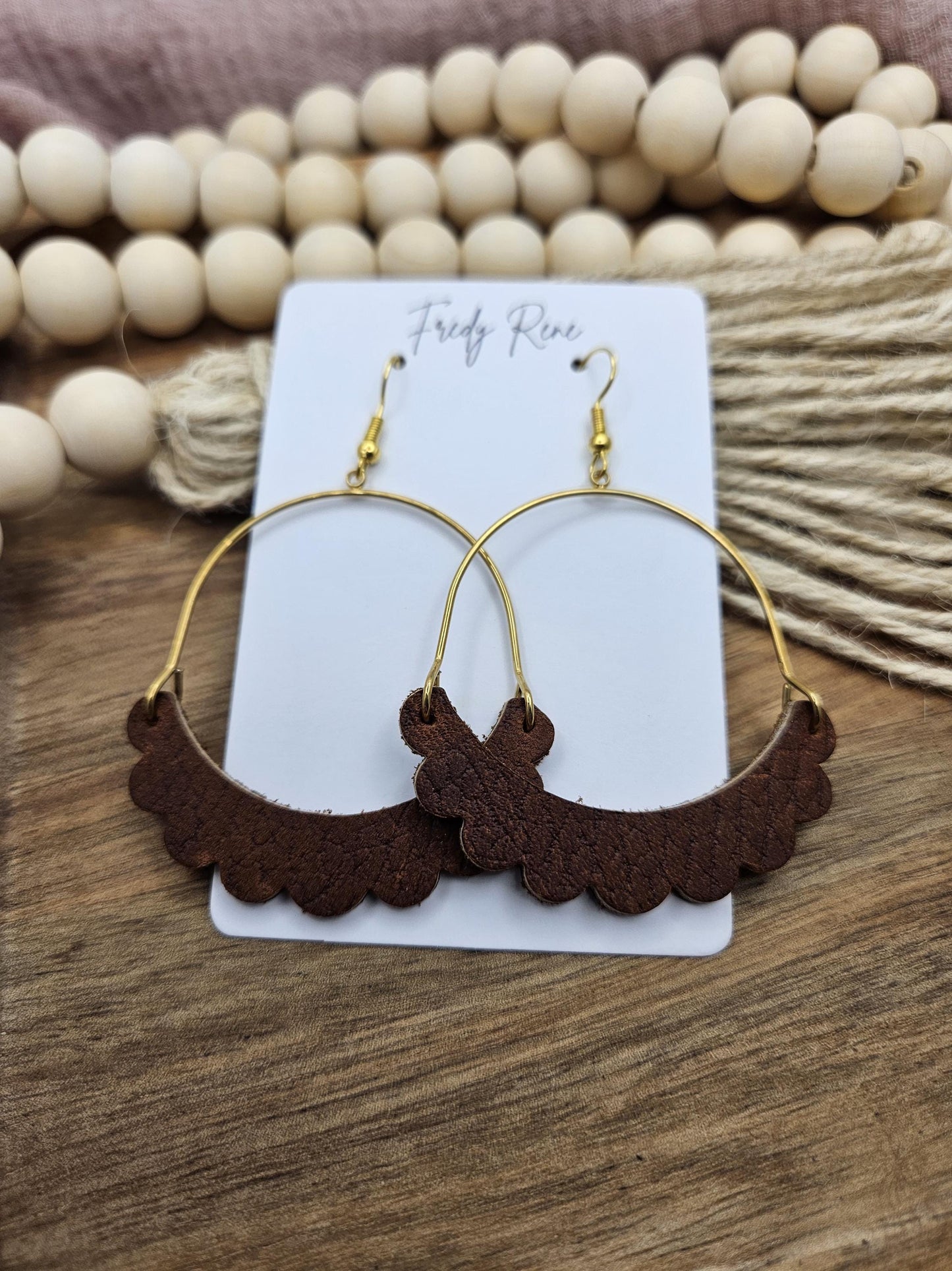 Brown Genuine Leather Earrings with Brass Arch, Trendy Boho Earrings