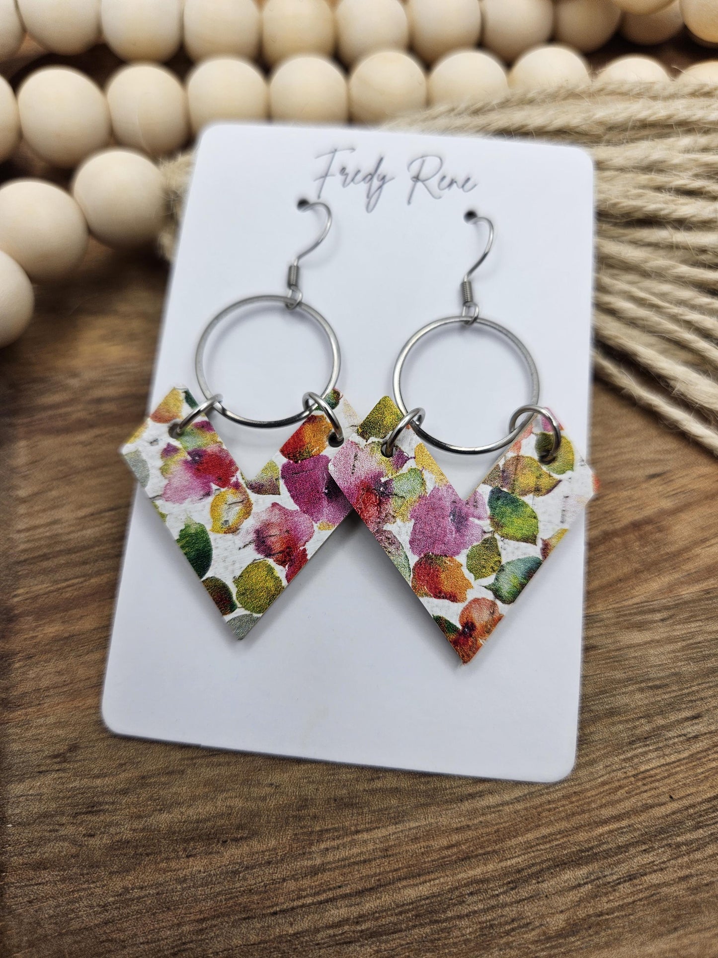 Cork Earrings, Genuine Leather Backing, Bright Pink Floral, Spring Summer Earrings