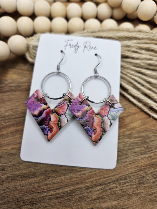 Cork Earrings, Genuine Leather Backing, Bright Marble Print