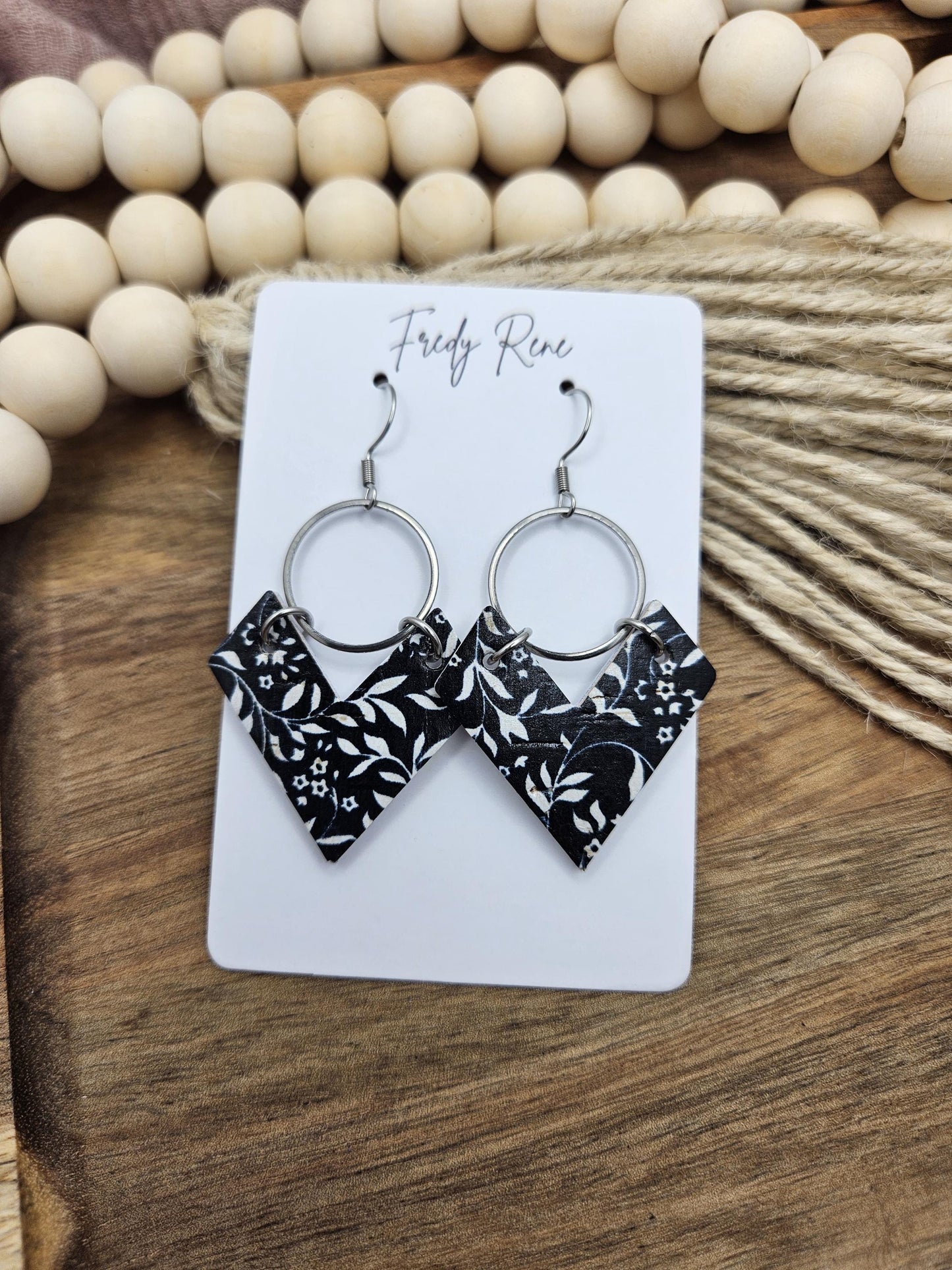 Cork Earrings, Genuine Leather Backing, Black and White Floral