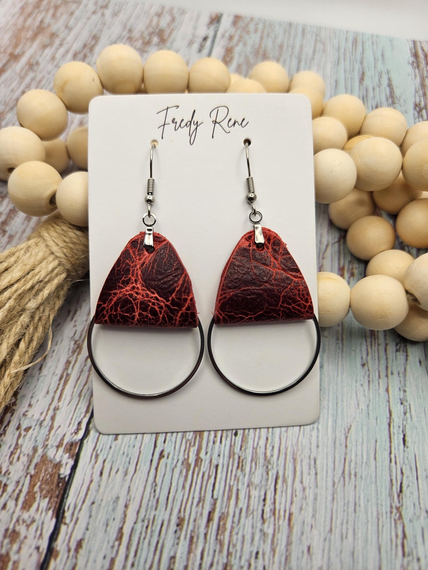 Rustic Red Leather Earrings with Metal Circle Detail