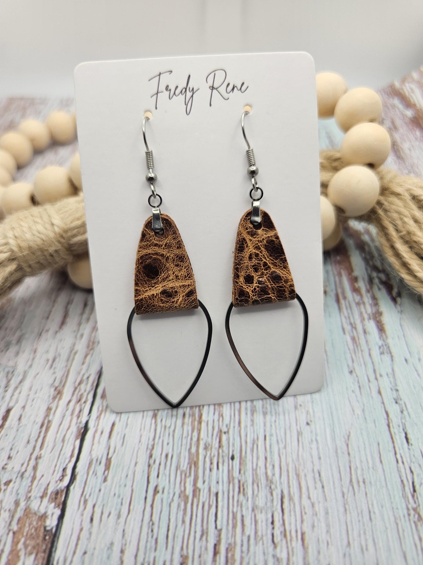 Rustic Brown Leather & Metal Teardrop Earrings