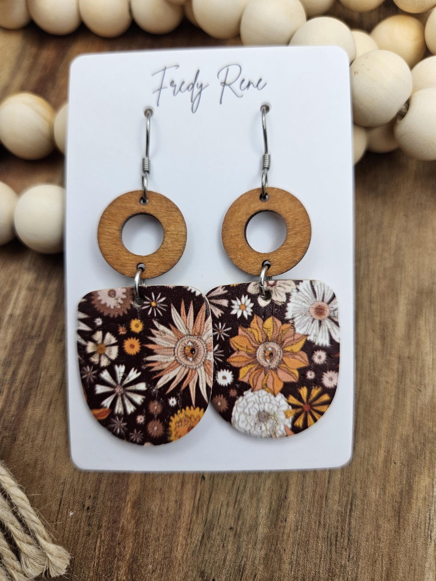 Brown Floral Cork Backed with Genuine Leather Earrings