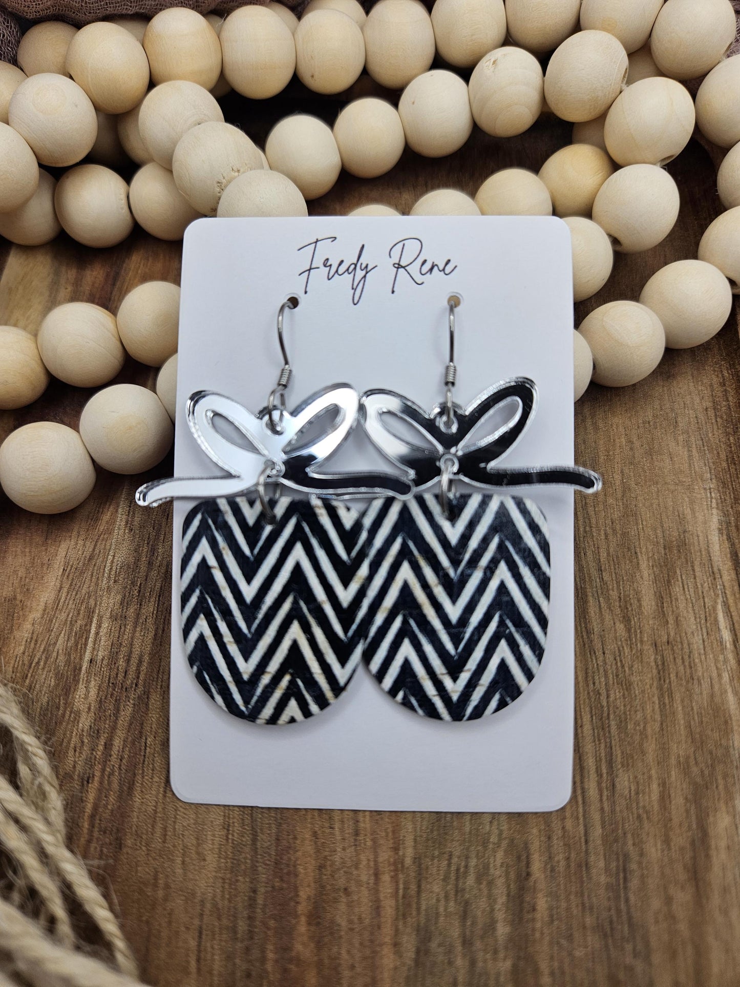 Black Chevron Cork Earrings with Genuine Leather Backing and Mirrored Bow Accents