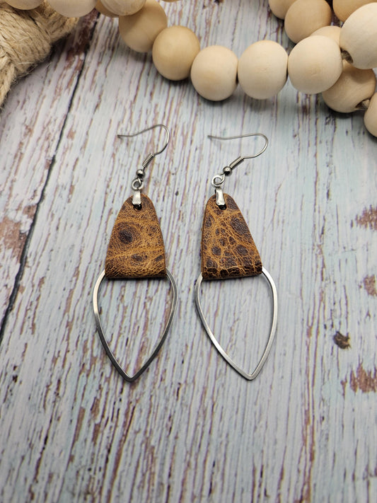 Rustic Brown Leather & Metal Teardrop Earrings