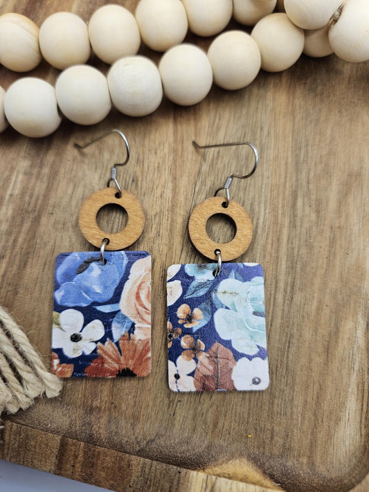 Blue Floral Rectangle Cork Backed with Genuine Leather Earrings