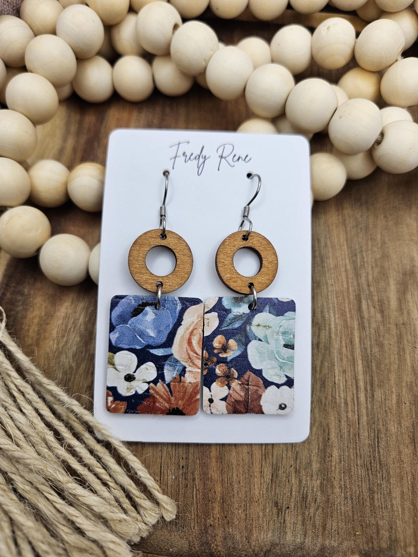 Blue Floral Rectangle Cork Backed with Genuine Leather Earrings