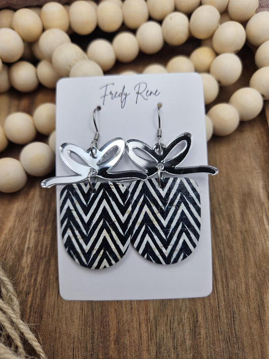 Black Chevron Cork Earrings with Genuine Leather Backing and Mirrored Bow Accents