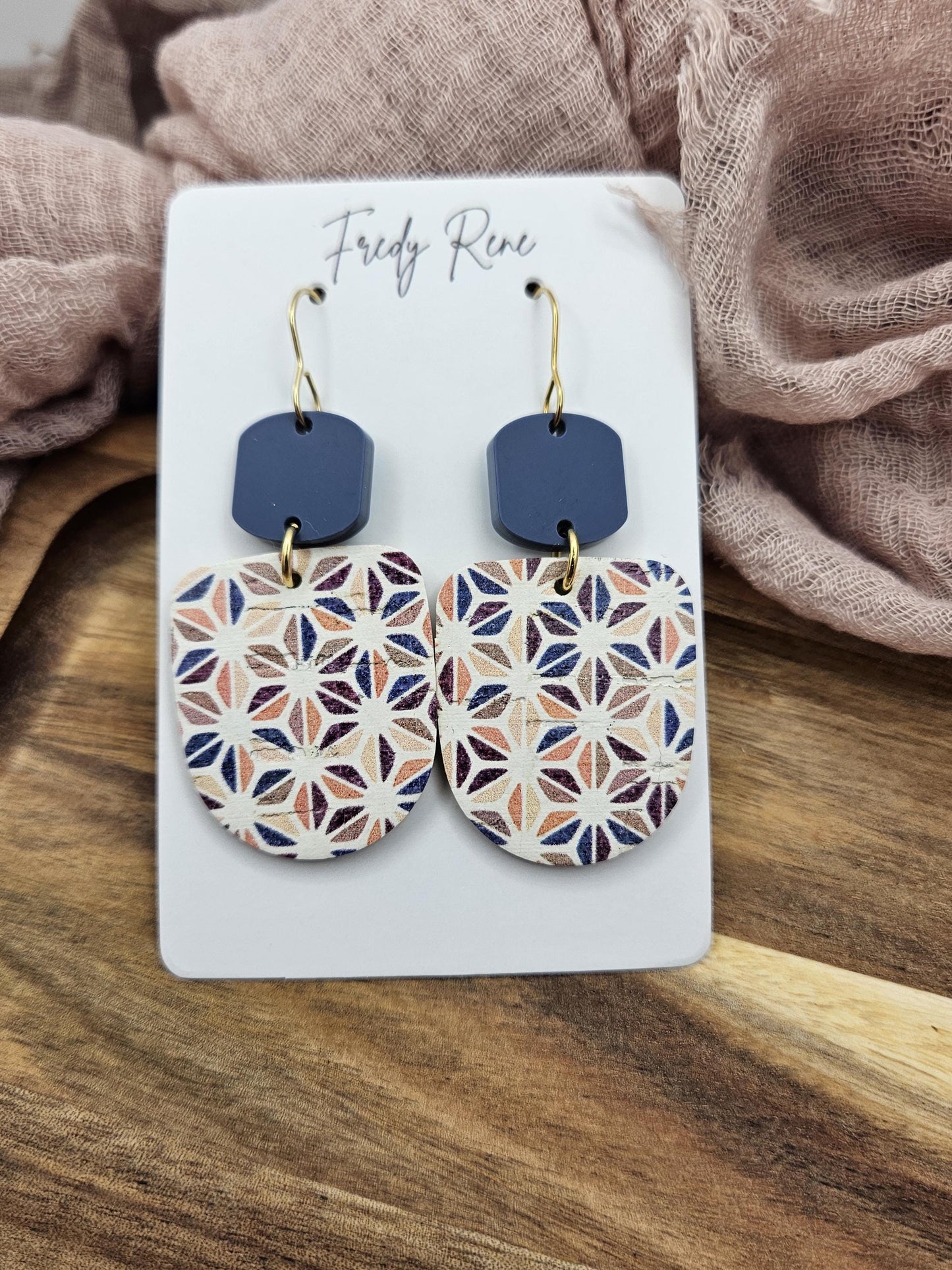 Blue Boho Cork Earrings Backed with Genuine Leather