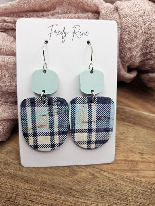 Blue Plaid Cork Earrings Backed with Genuine Leather