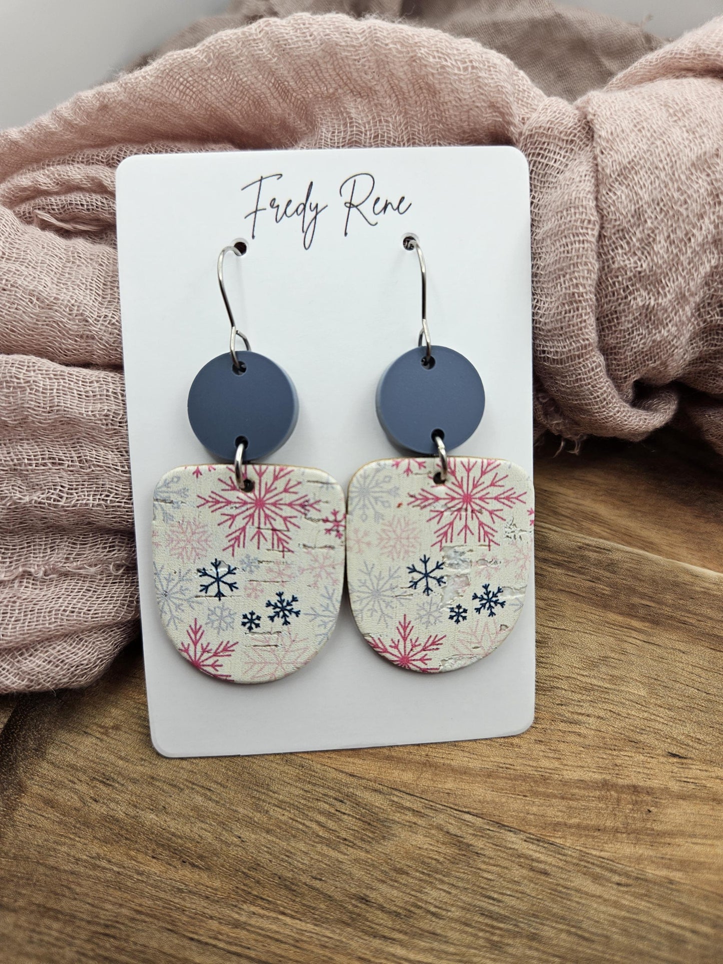 Christmas Snowflake Cork Earrings Backed with Genuine Leather