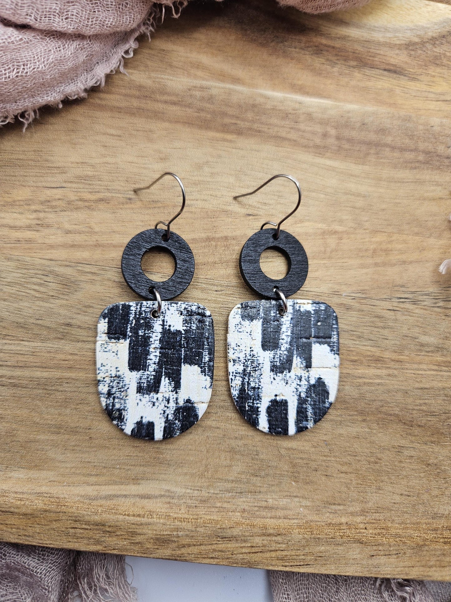 Black & White Brushstroke Cork Earrings Backed with Genuine Leather