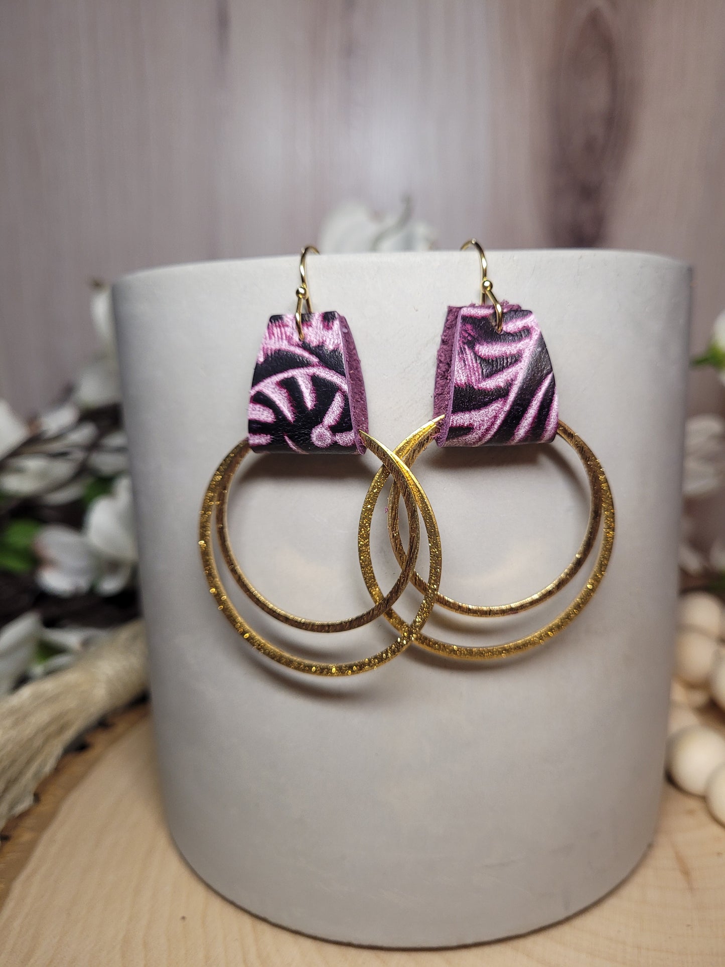 Brass Earrings with Purple Embossed Genuine Leather