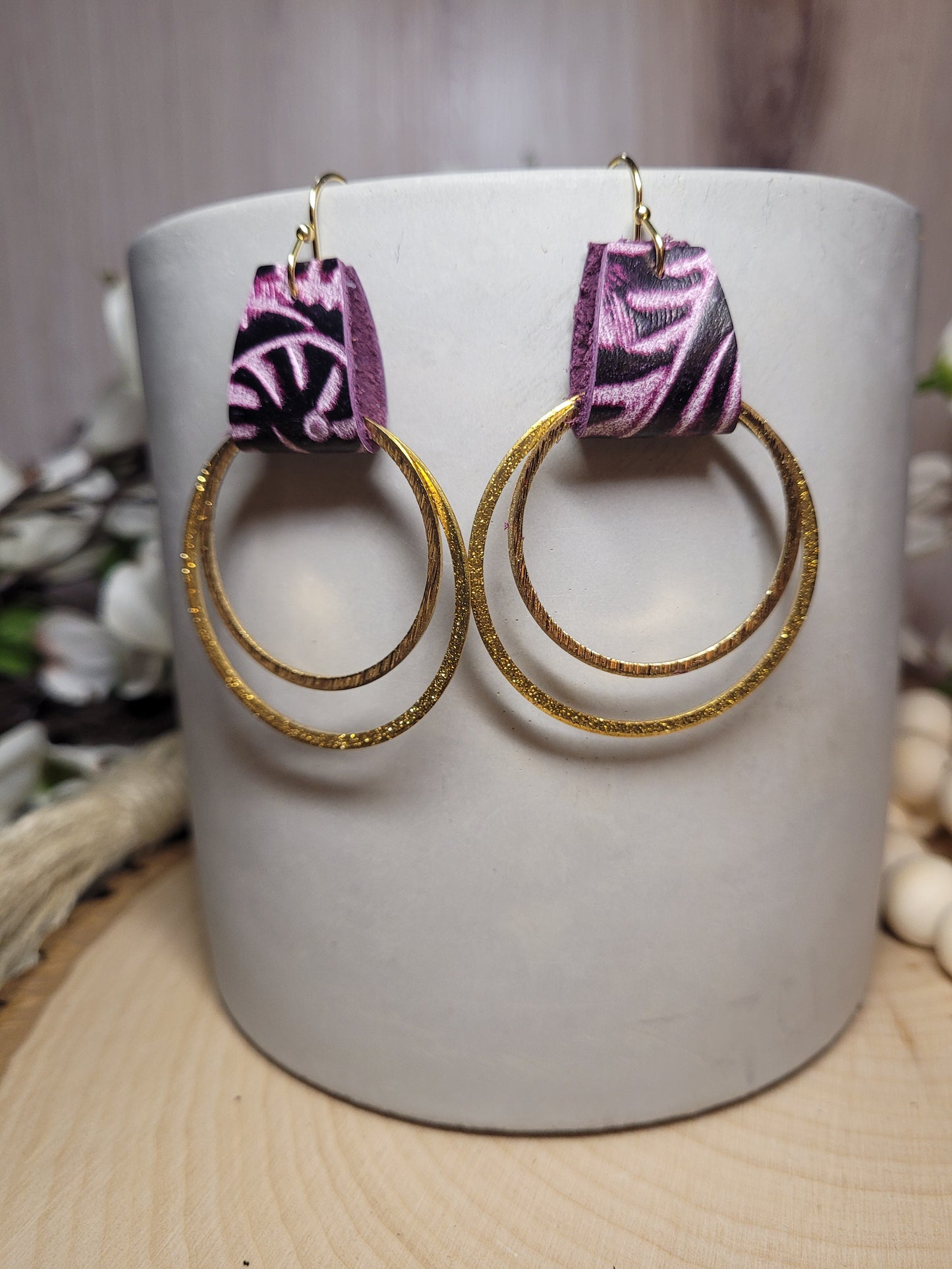 Brass Earrings with Purple Embossed Genuine Leather