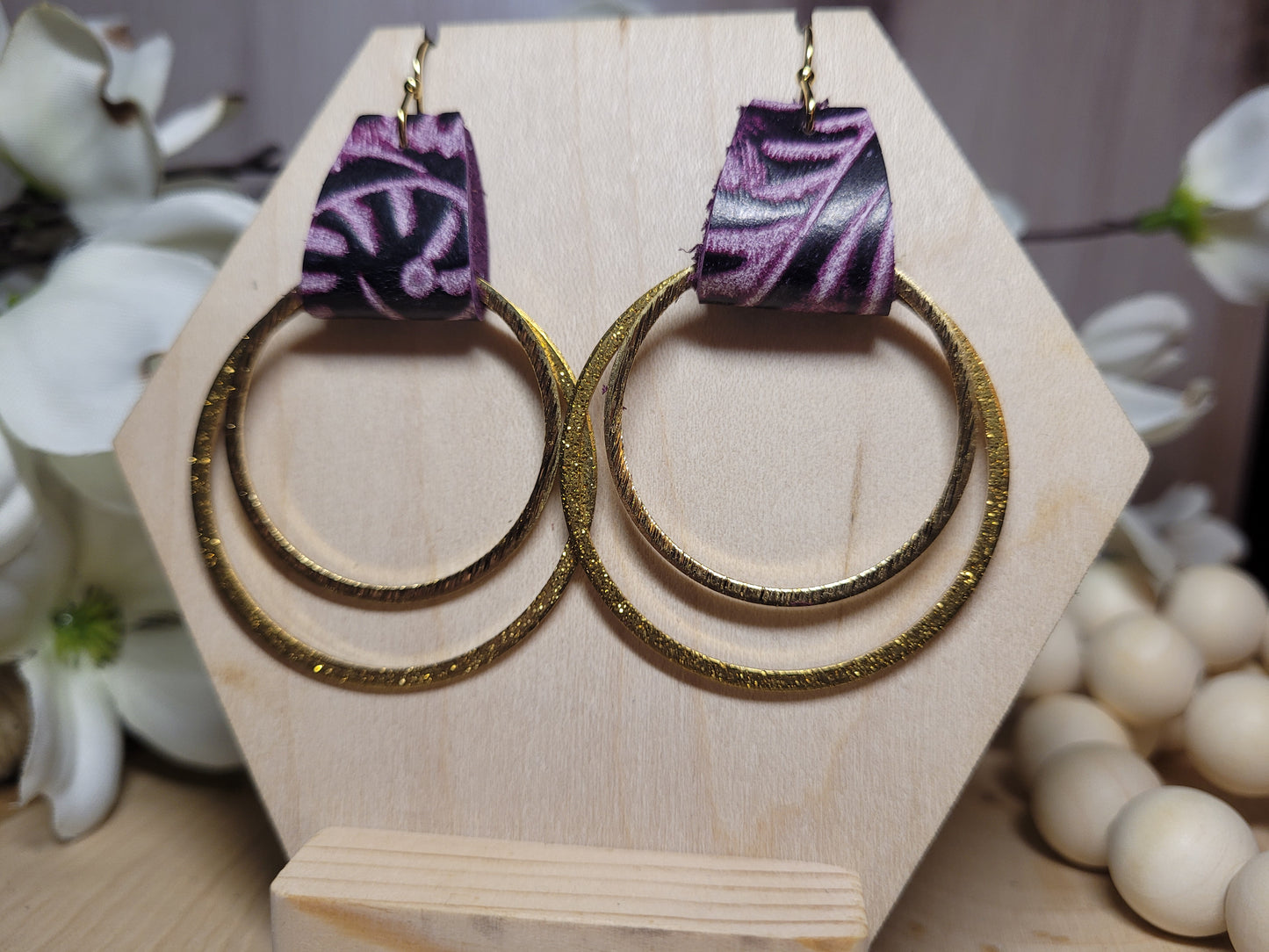 Brass Earrings with Purple Embossed Genuine Leather