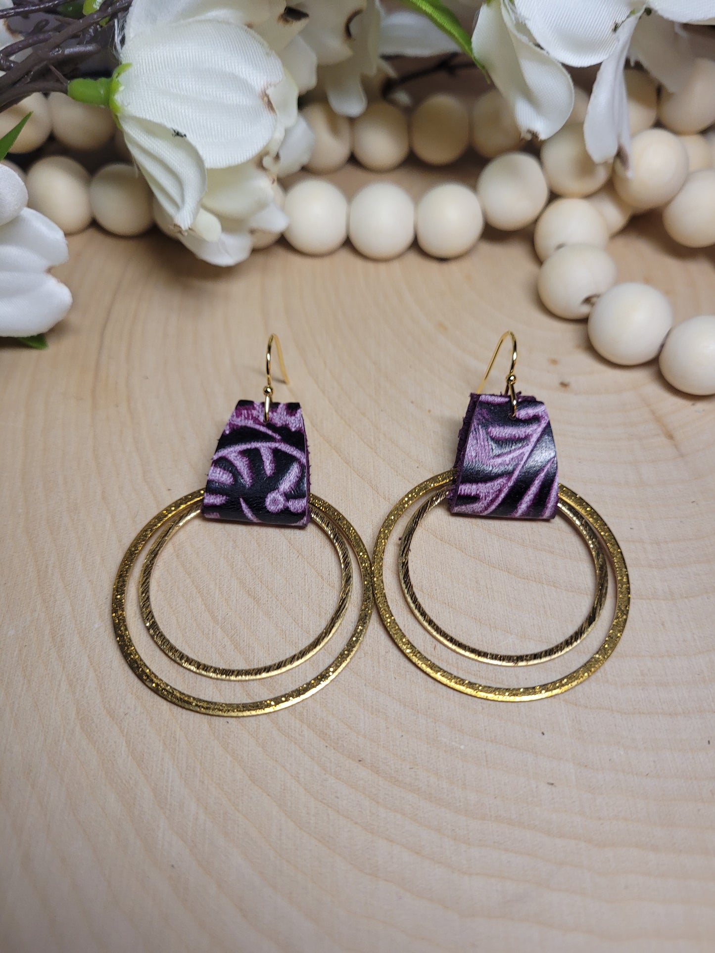 Brass Earrings with Purple Embossed Genuine Leather