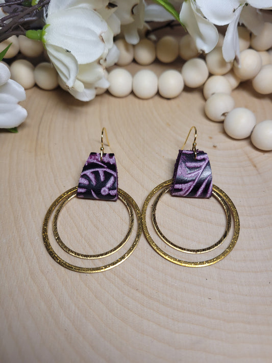 Brass Earrings with Purple Embossed Genuine Leather