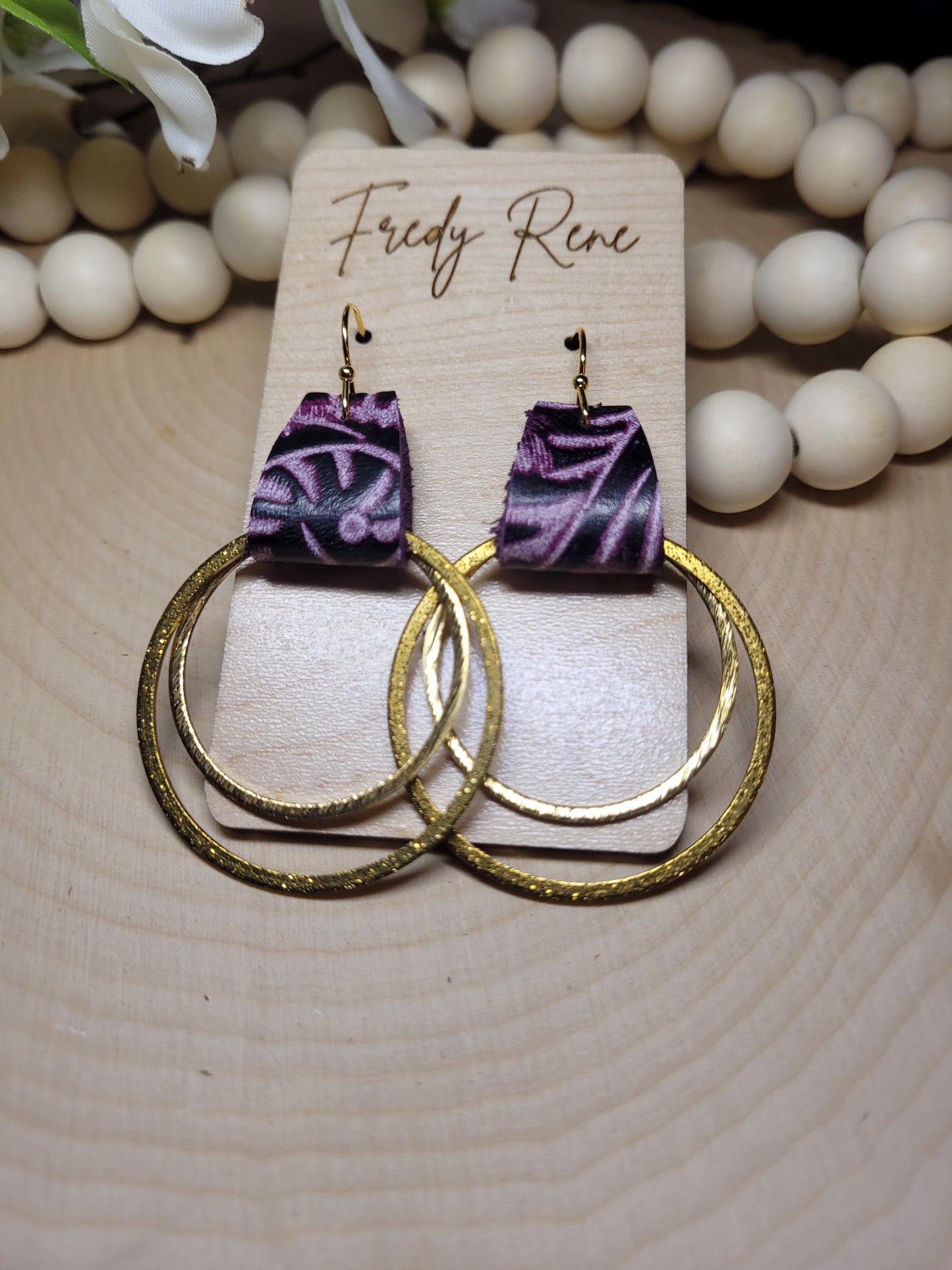 Brass Earrings with Purple Embossed Genuine Leather