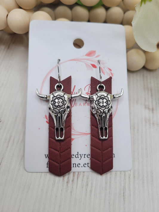 Genuine Leather Bull Skull Embossed Chevron Bar Earrings