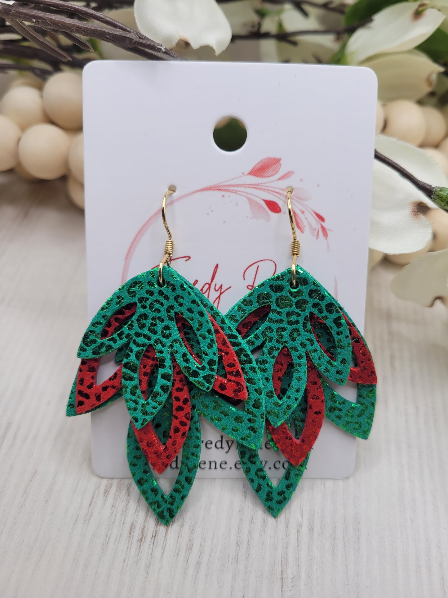 Genuine Leather Red & Green Holiday  Layered Earrings