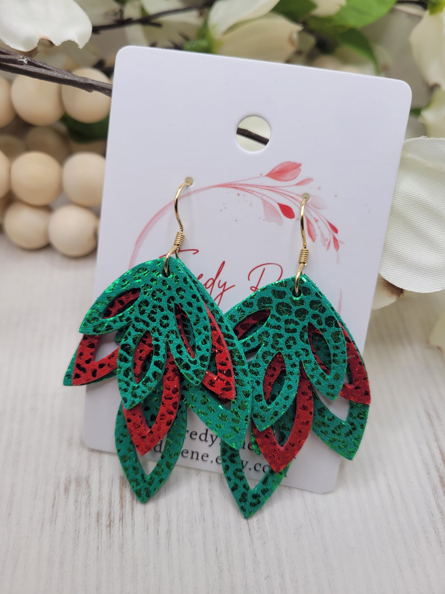 Genuine Leather Red & Green Holiday  Layered Earrings