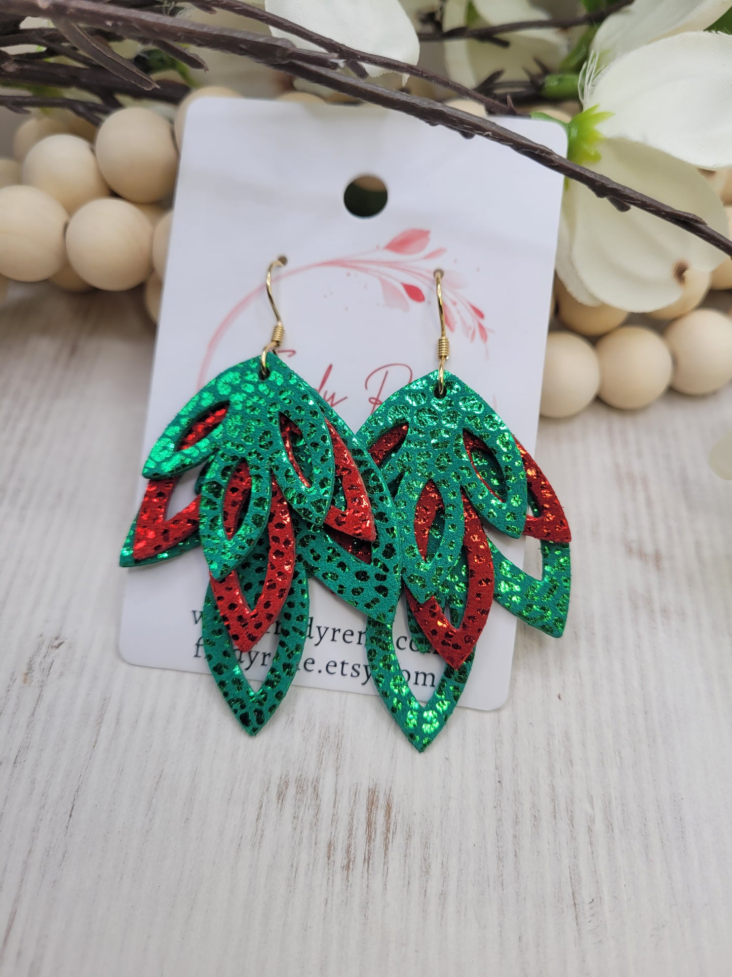 Genuine Leather Red & Green Holiday  Layered Earrings