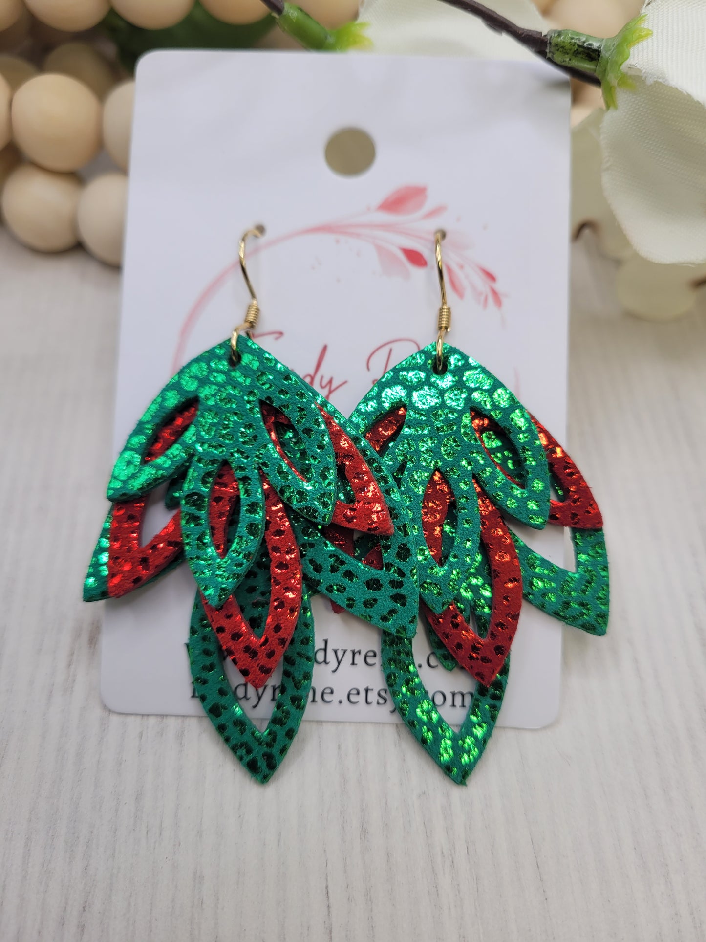 Genuine Leather Red & Green Holiday  Layered Earrings