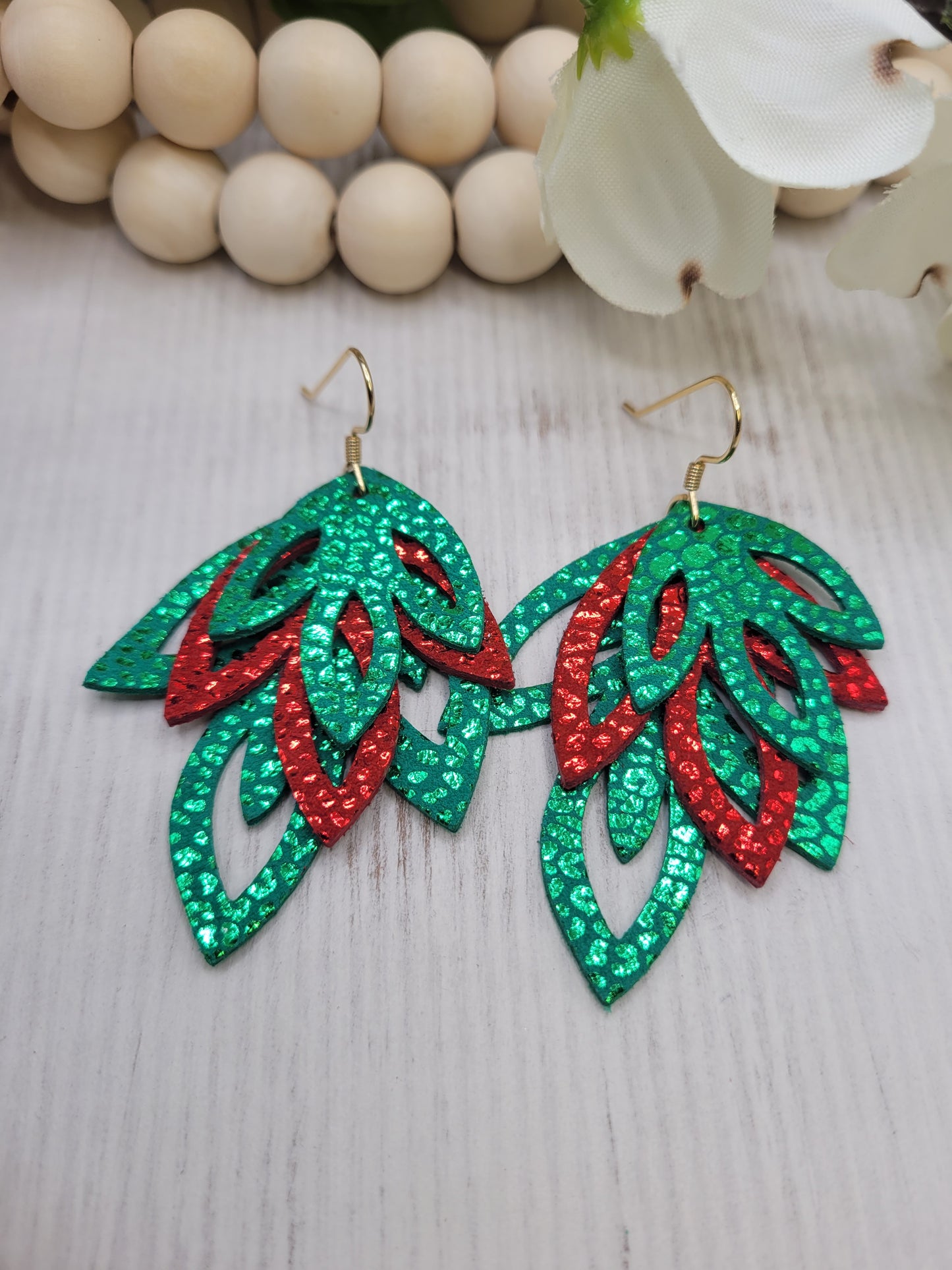 Genuine Leather Red & Green Holiday  Layered Earrings