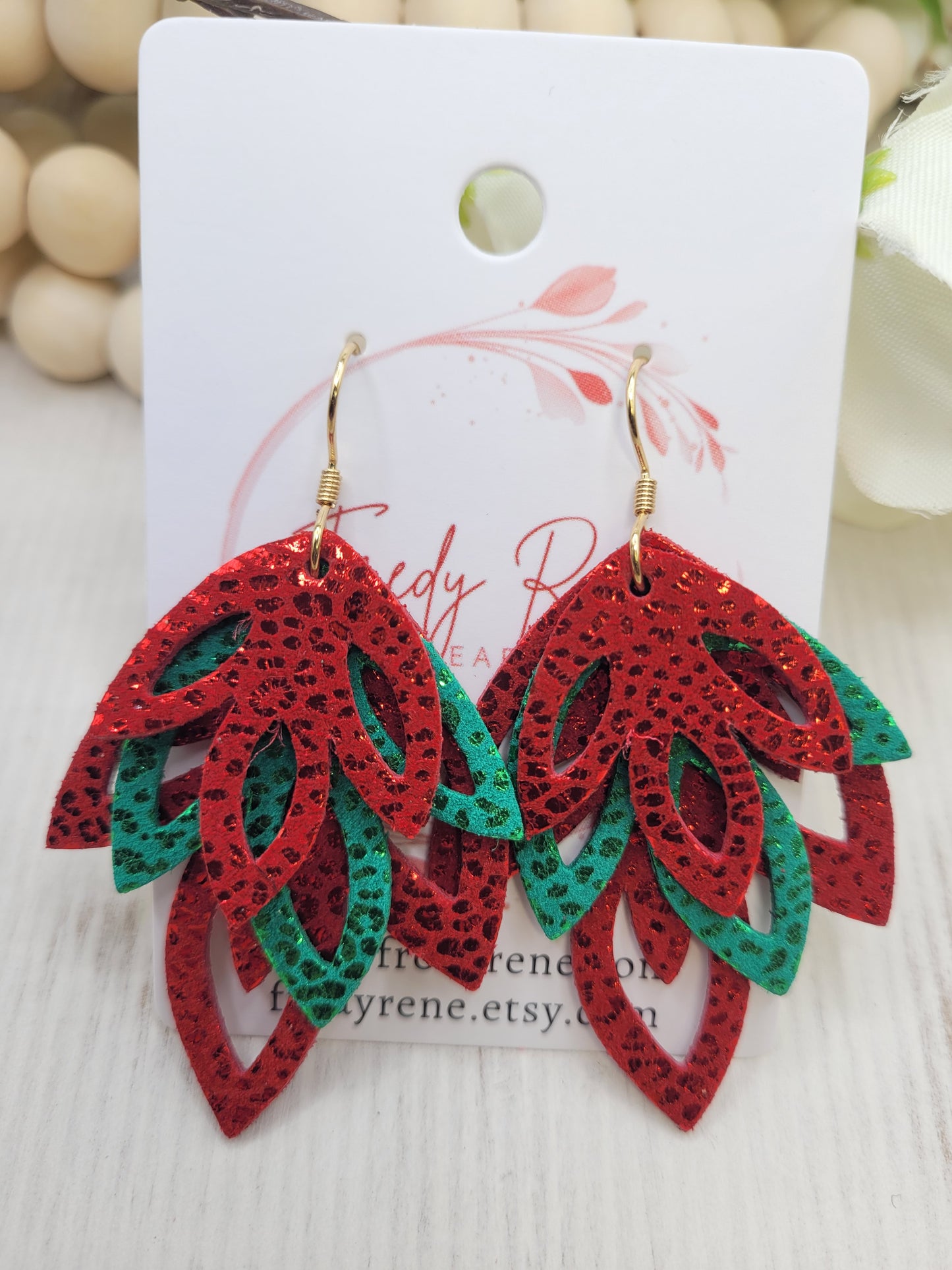 Genuine Leather Red & Green Holiday  Layered Earrings